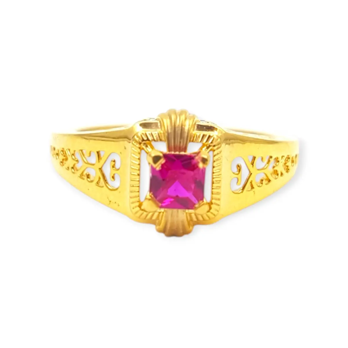 Beautiful Gold Ring with Solitaire and Pink Stones in Amazing Design